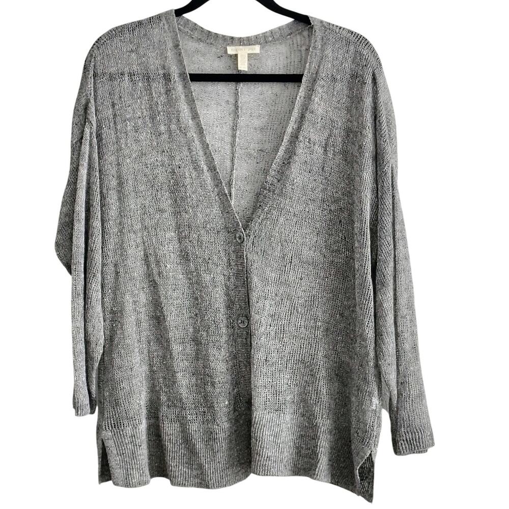 Eileen Fisher XL Gray Open Knit Button Cardigan 3/4 Sleeve Linen Blend NEW FLAWS